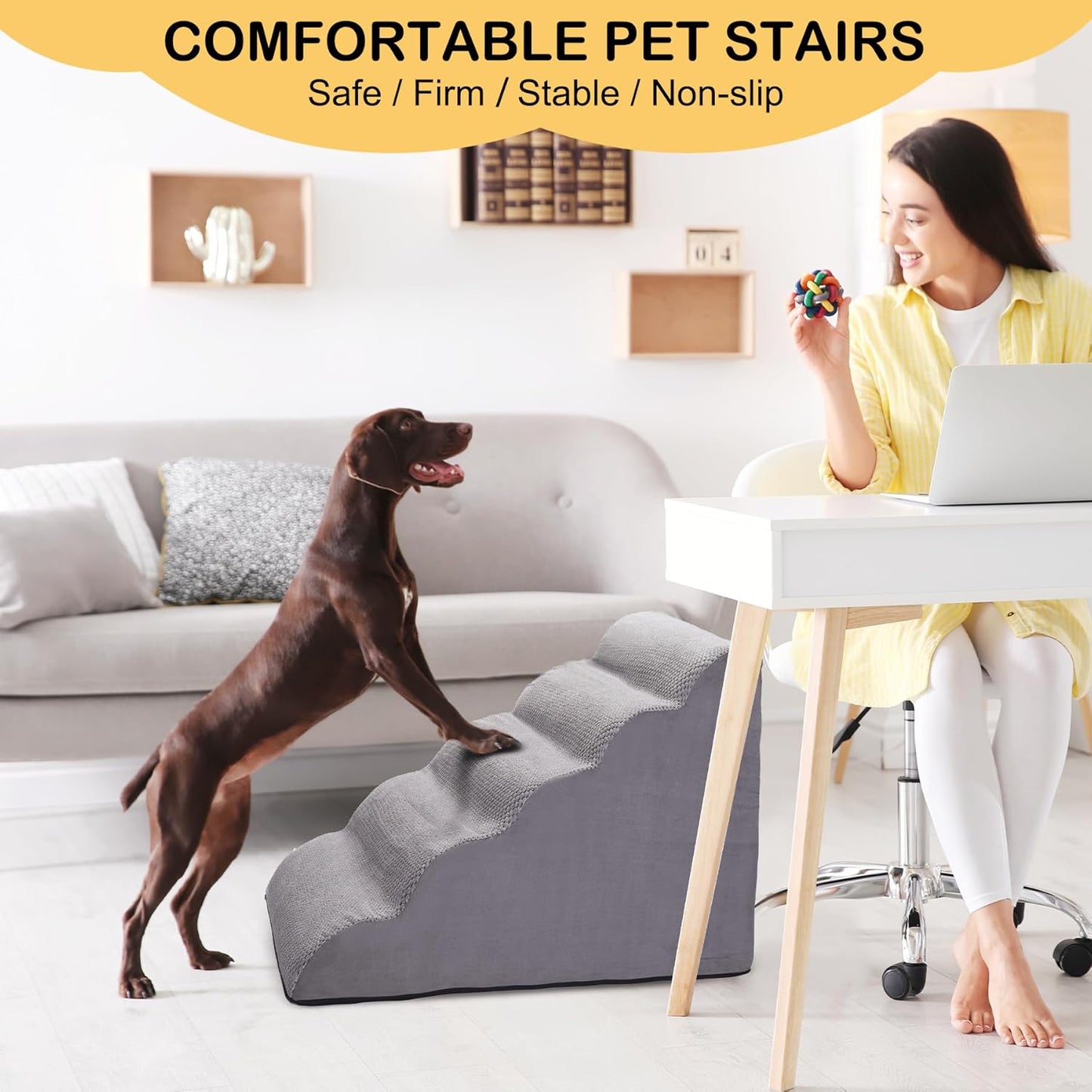CiWiVOKi Dog Stairs for Bed, 5-Step Dog Steps for Couch and High Bed, Non-Slip Pet Stairs, 24" High Sofa Foam Ramp - Best for Small Pets, Older Cats with Joint Pain