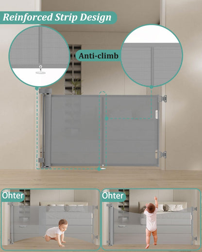 Miumoon 120 inch Retractable Baby Gates 34 inch Tall, Retractable Gate with Reinforced Strip Design to Prevent Crawling Through, 10 FT Extra Wide Retractable Dog Gate for Indoor/Outdoor