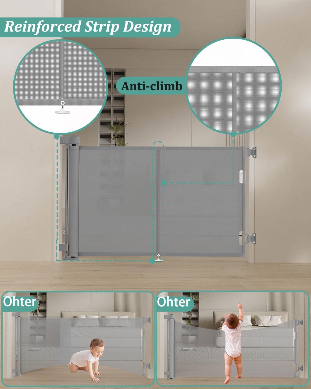Miumoon 150 inch Retractable Baby Gates 42 inch Tall, Retractable Gate with Reinforced Strip Design to Prevent Crawling Through, 12 FT Extra Wide Retractable Dog Gate for Indoor/Outdoor