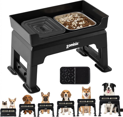 ZOMISIA 3-in-1 Elevated Dog Bowls - 6 Height Adjustable Raised Dog Bowl Stand, Double Deck Design Mess Proof, Feeding Station with 2 Stainless Steel Bowls & Licking Plate for Small Medium Large Pets