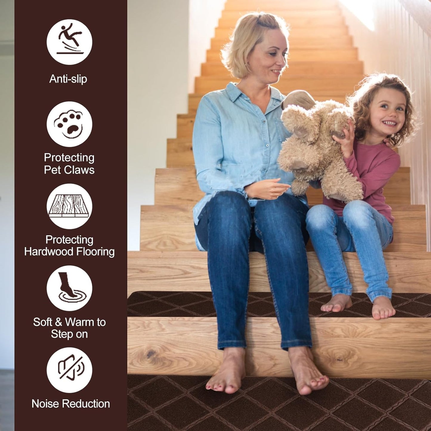 Stair Treads for Wooden Steps, 8" x 30" Non Slip Stair Runner, Peel and Stick Carpet Stair Treads with Reusable Adhesive, Indoor Stair Rugs Covers Mats Pads for Kids Elders Dogs, Brown 15Pcs