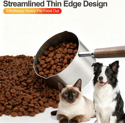 Dog-Cat Food Scoop 1 Cup – 304 Stainless Steel Measuring Cup with Long Walnut Handle, Precise Scale for Pet Food, Easy to Clean & Durable Metal Scoop for Dogs, Cats, and Kitchen Use