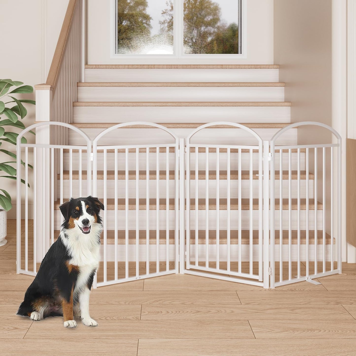 SNUOWU 4 Panels Full Matel Freestanding Dog Gates with Door, 96"Extra Wide 32"Tall Free Standing Dog Pet Gate for Indoor & Outdoor. Foldable Pet Fences for Doorways, House, Stairs, Porch, Deck, Yard