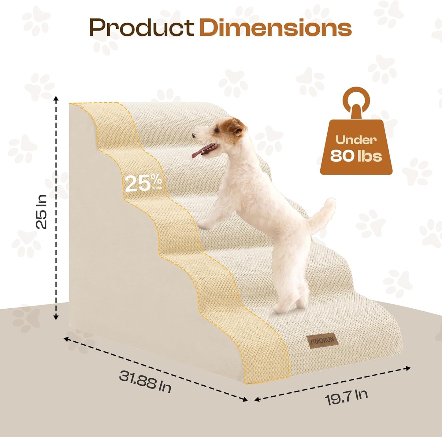 Extra Wide Dog Stairs for Large Dogs Up to 80lbs, 25" Pet Steps for High Bed with Washable Cover, 5-Step Foam Bed & Couch Ladder for Small Medium Dogs & Senior Cat, Gray
