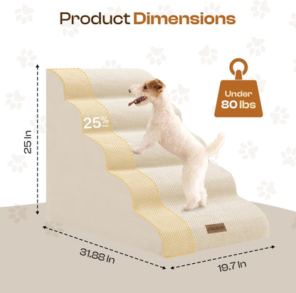 Extra Wide Dog Stairs for Large Dogs Up to 80lbs, 25" Pet Steps for High Bed with Washable Cover, 5-Step Foam Bed & Couch Ladder for Small Medium Dogs & Senior Cat, Gray