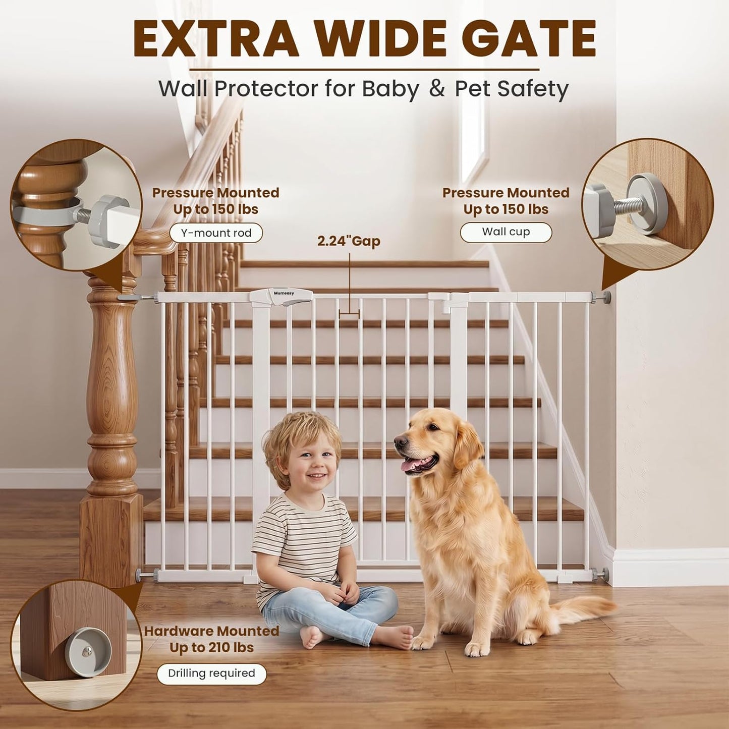 Mumeasy Baby Gate Extra Wide, 29.7-51'' Pressure Mounted Dog Gate with Walk Thru Door, Auto Close Pet Gate for House, Stairs, Doorways,Black