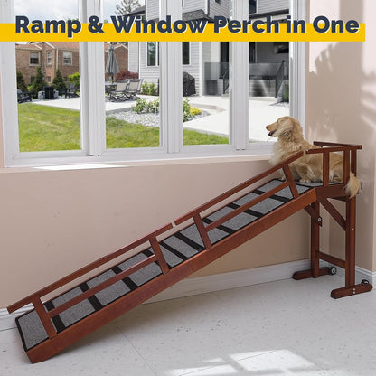 Dog Ramp for Bed or Couch, Wooden Pet Ramp with 20° Gentle Slope, Removable Side Rails, Non-Slip Surface, Top Platform & Wheels, Safe Bed Ramp for Small, Large & Senior Dogs, 60" Long, Mahogany