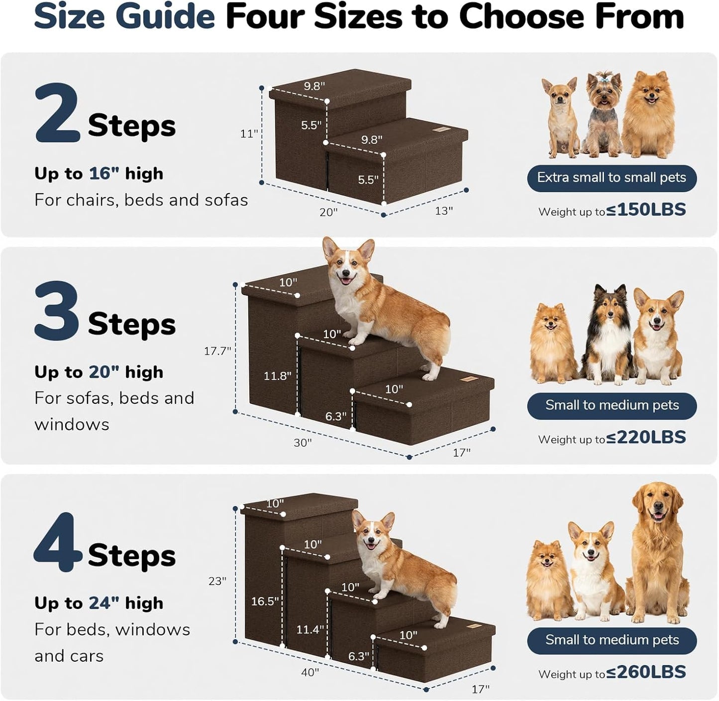 3-Step Wide Dog Stairs with Hidden Storage 18" H, Non-Slip Dog Steps for High Bed Couch Window Car, Jiont-Friendly Pet Stairs Ramp for Small/Medium/Large Old Dogs Cats Up to 200lbs, Grey