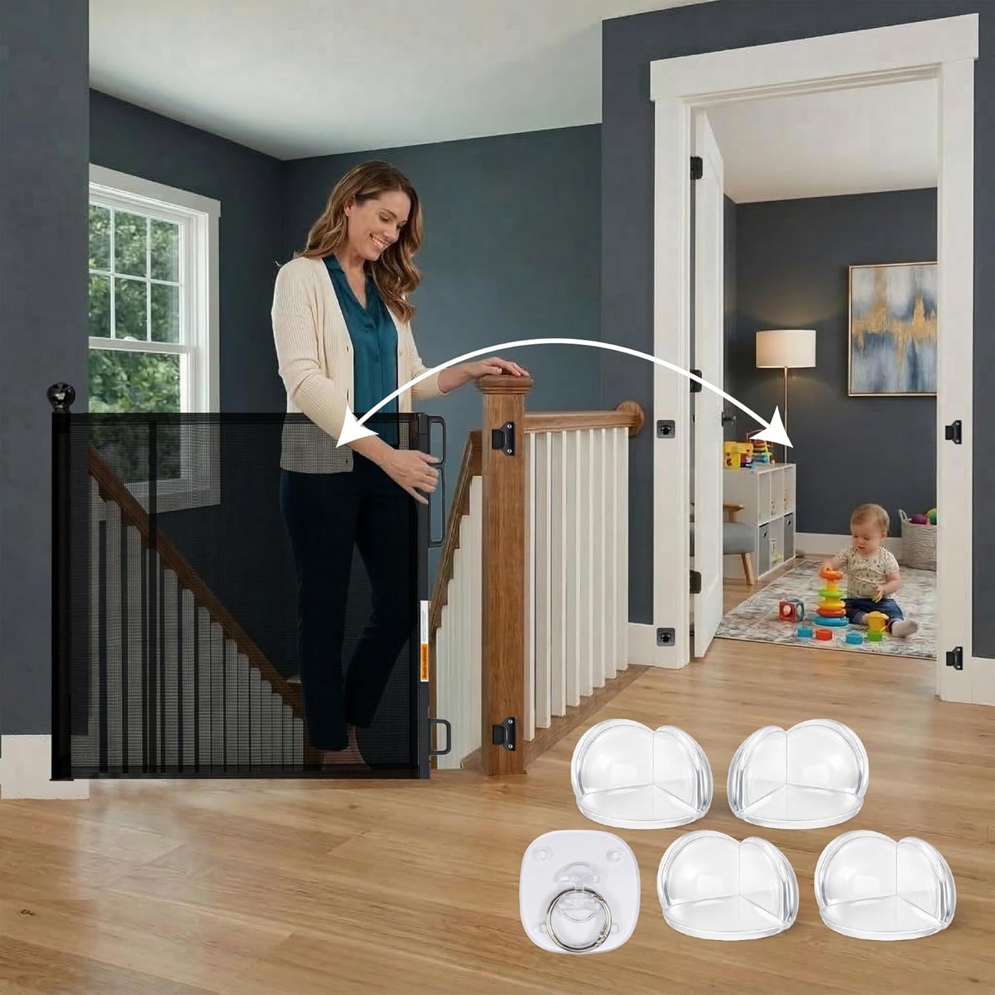 Retractable Baby Gate - 118" Extra Wide Mesh Dog Gate with Support Rods - 34" Tall for Stairs, Doorways, Hallways - Drill or No-Drill - Pet & Cat Gate - Outdoor/Indoor (Black, 9.84 ft)