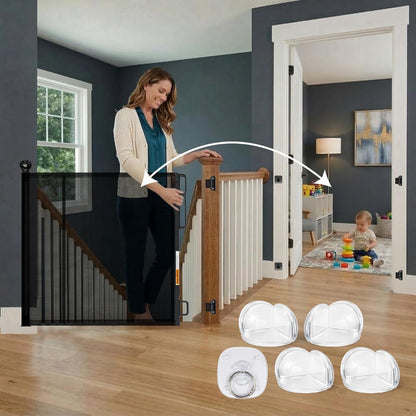 Retractable Baby Gate - 118" Extra Wide Mesh Dog Gate with Support Rods - 34" Tall for Stairs, Doorways, Hallways - Drill or No-Drill - Pet & Cat Gate - Outdoor/Indoor (Black, 9.84 ft)