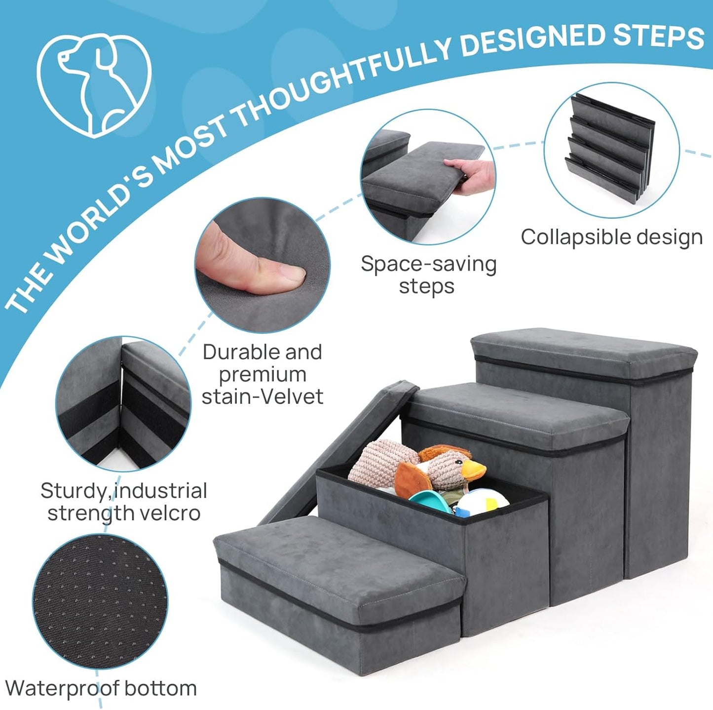 Foldable Dog Stairs/Steps 2-Tier Pet Steps Storage and Adjustable Steps for Small Medium Dogs Pet Steps Storage Stepper for High Beds Sofa Pet Dog Cat