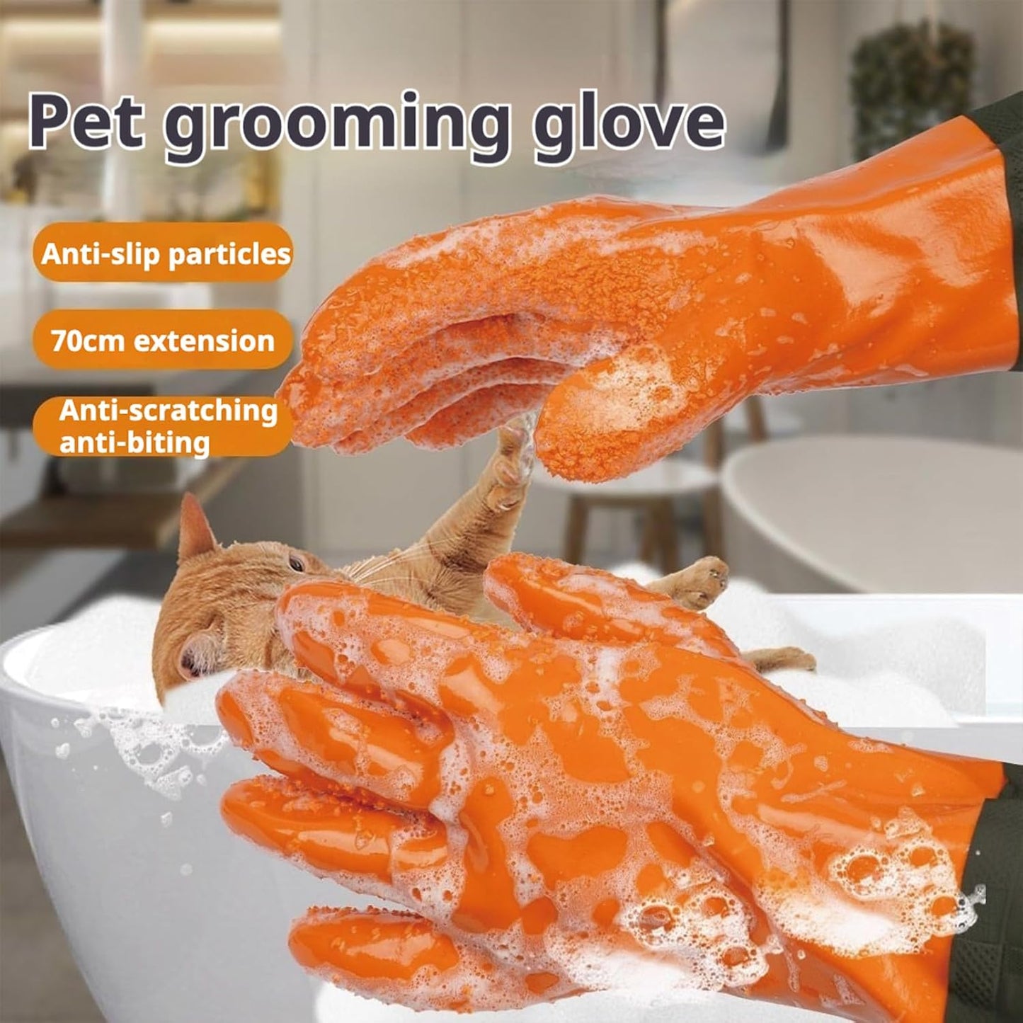 YOFANG Pet Grooming Washing Gloves,27.2" Extra Long Waterproof Rubber Bathing Gloves for Dogs & Cats,Anti-Bite & Anti-Scratch Hair Removal Cat Bath Gloves with 3000+ Massage Particles,Blue/Green ﻿
