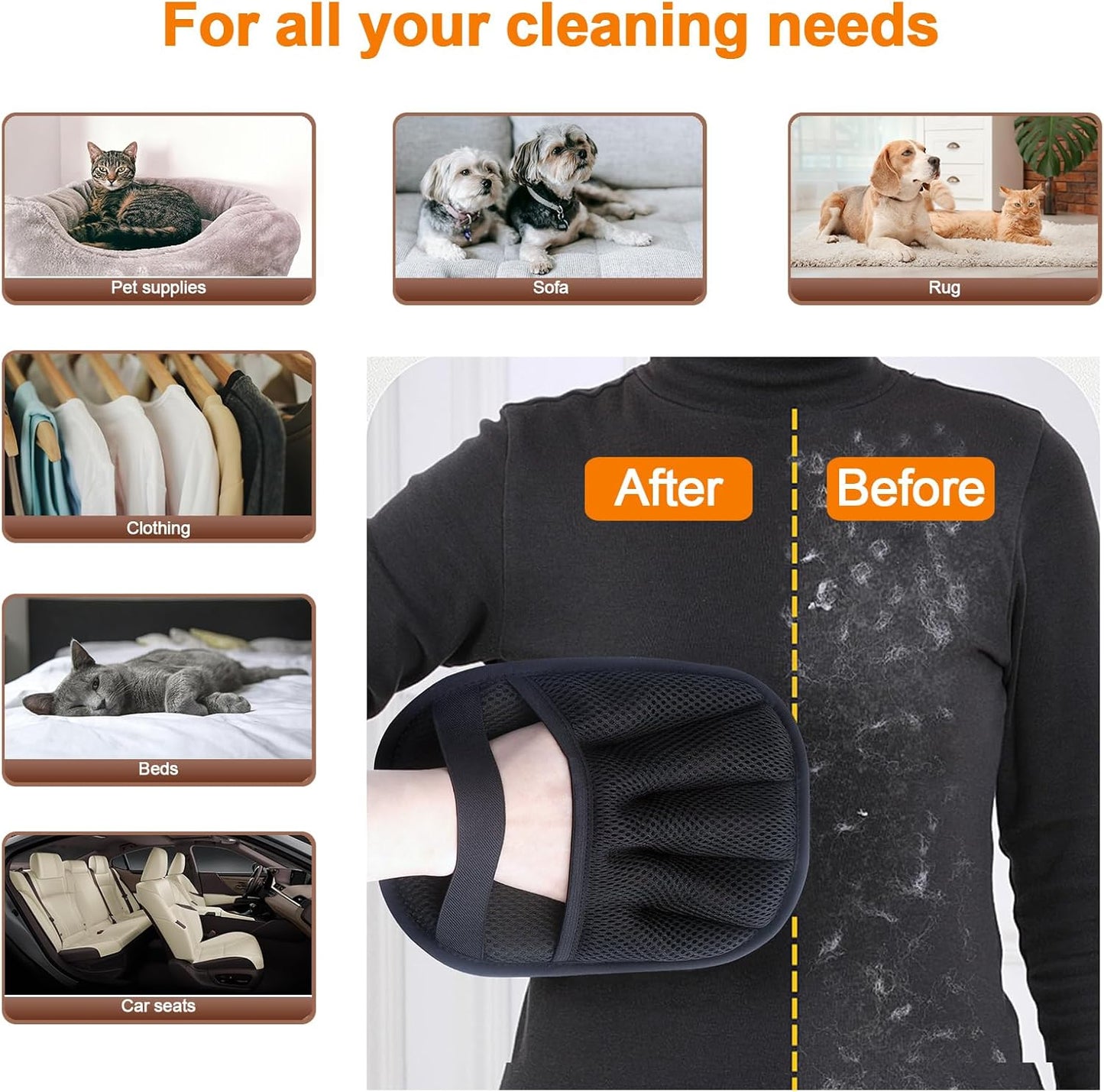 2Pcs Pet Hair Removal Glove for Cats & Dogs, with 2Pcs Toothbrush, Upgraded Five-Finger Electrostatic Pet Hair Gloves, Washable Reusable Pet Hair Remover Tool for Clothing, Couch, Carpet, Car Seat
