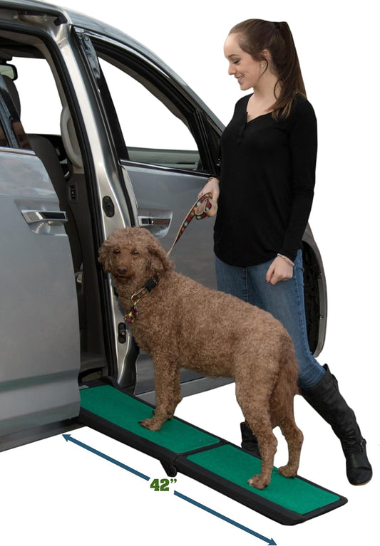 Pet Gear SupertraX Ramps for Dogs and Cats, Maximum Traction Surface, Portable/Easy-Fold (No Tools Required), Built in Handle for Travel, 5 Models, 42" L X 16" W, Supports 150 lbs, Wheat