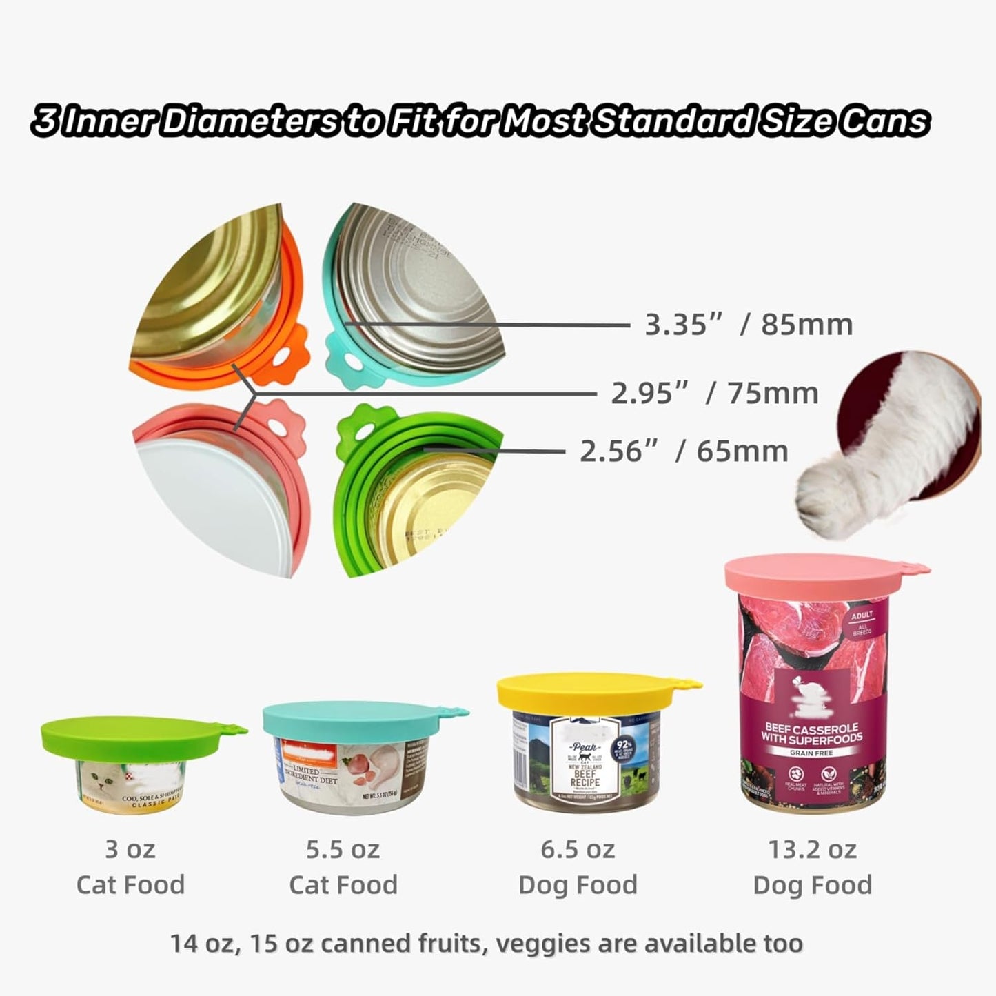 MoPawKT- Pet Food Can Covers, Silicone Can Lids for Cat/Dog Food, Universal 3 Sizes for Most of Standard Food Cans, BPA Free Reusable (2 lids+1 spoon)