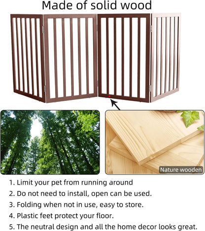 ZJSF Freestanding Indoor Dog Gate for House Foldable Wood Brown Puppy Gate for Doorways Pet Gate for Stairs Extra Wide Pet Fence 24" Height 2 Panels