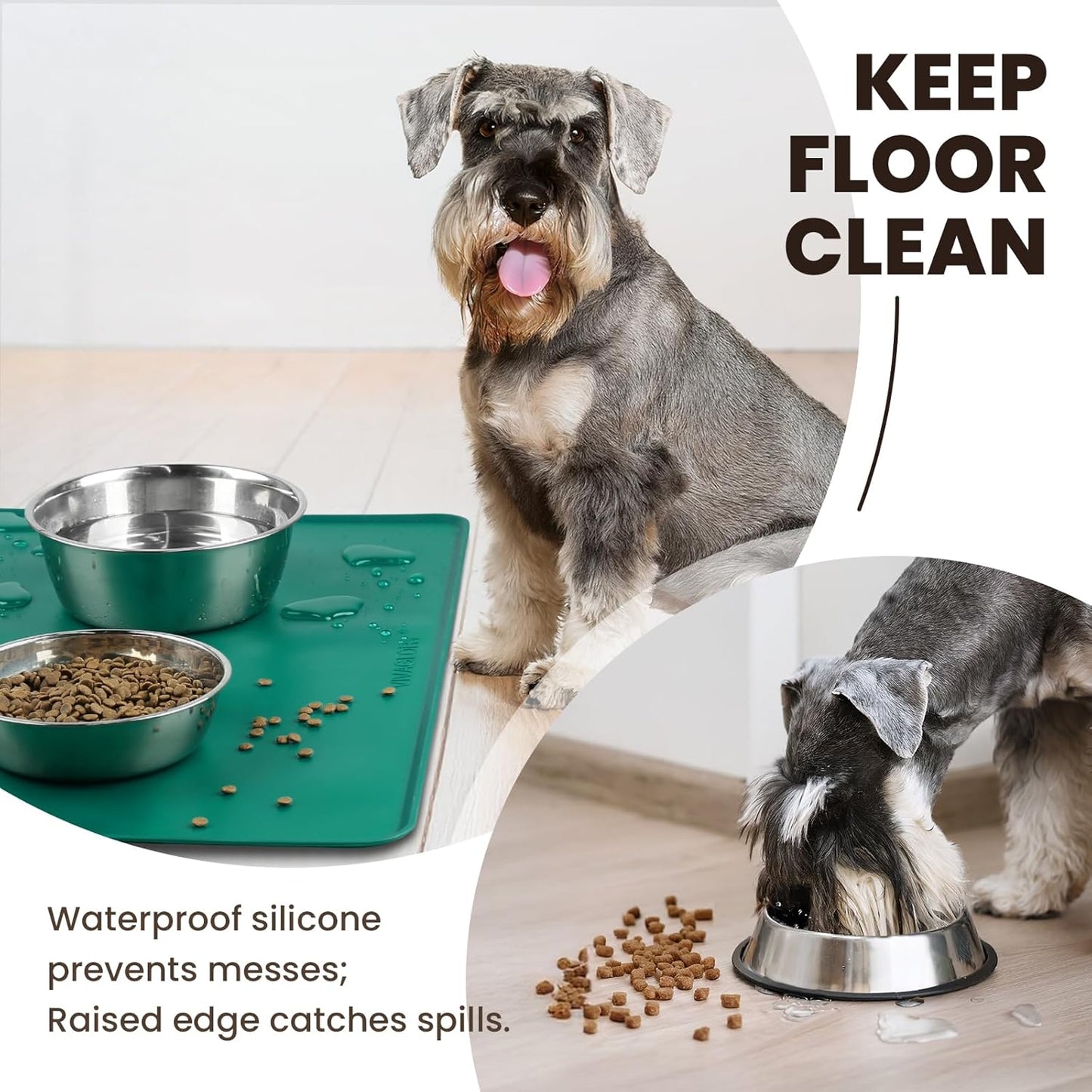 VIVAGLORY Dog Food Mat Flexmat Dog Bowl Mat, Placemat Food Tray with Raised Edges & Lip for Indoor Floor, Non Slip Waterproof Silicone Dish Placemat for Cat & Pet, S, Grey