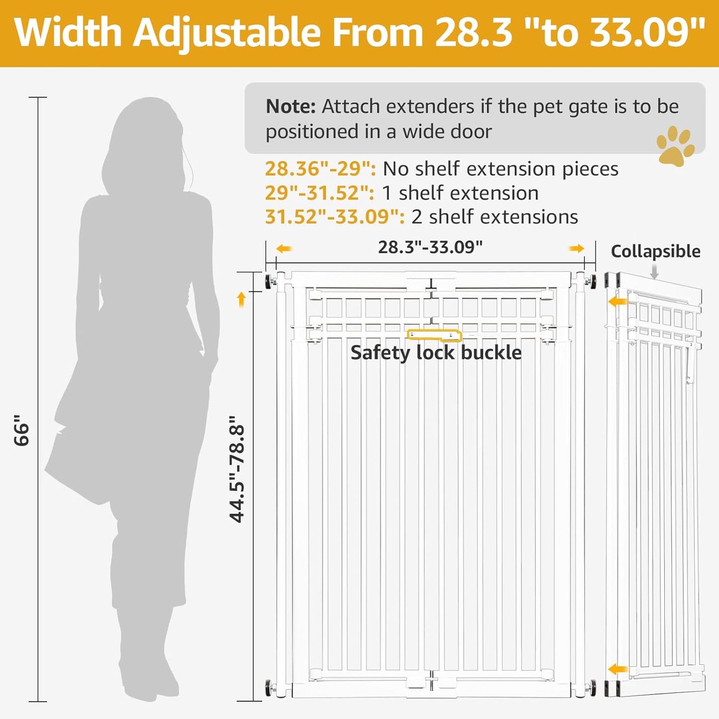 78.8" Extra Tall Cat Gate, 28.3-33" Wide Tall Dog Gate for Doorways/Hallways, NO Drilling Pressure Mounted Pet Gate for Stairs, Kitchen (Black)