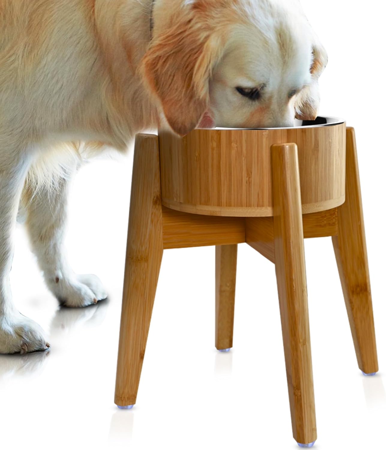 Elevated Slow Feeder Dog Bowls Large Breed - (12-inch-high) - Raised Bowl with Anti-Choking Insert - Stainless Metal and Bamboo