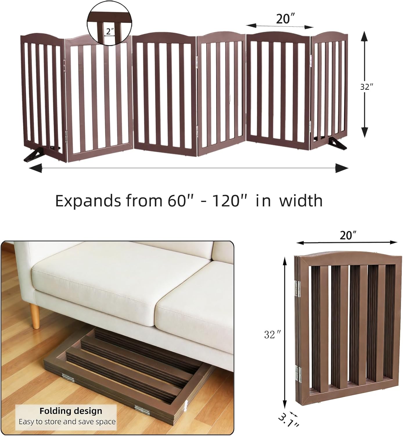 Freestanding Dog Gate Indoor,Doggie Gate Foldable Pet Gates for Doorways,Stairs or Hallways, Wooden Brown Pet Gate for the House, Pet Fence with Support Feet Included,24 "Height-3 Panels