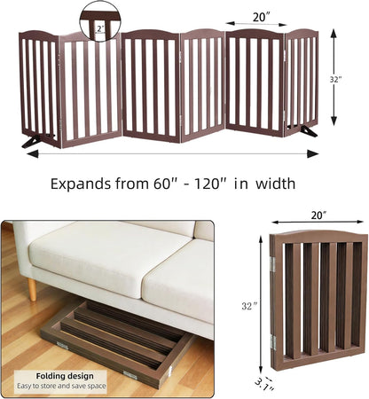 Freestanding Dog Gate Indoor,Doggie Gate Foldable Pet Gates for Doorways,Stairs or Hallways, Wooden Brown Pet Gate for the House, Pet Fence with Support Feet Included,24 "Height-3 Panels