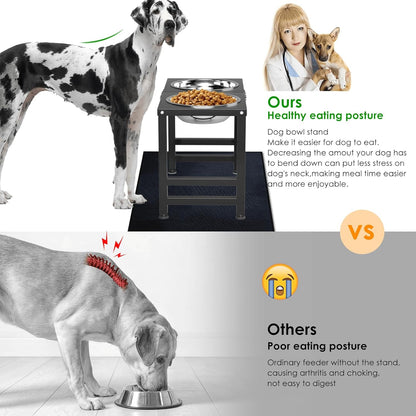 ADENGL Metal Raised Dog Bowl, 10" Tall Elevate Dog Feeder Stand with 2 Stainless Steel 42oz Bowls & 16x24 Non-Slip Mat – Stronger Dogs Food & Water Bowl Stand (Black)