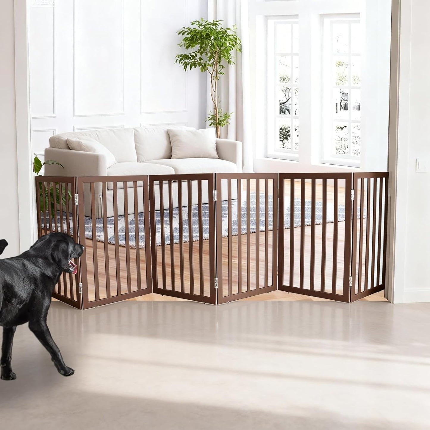 ZJSF Freestanding Indoor Dog Gate for House Foldable Wood Brown Puppy Gate for Doorways Pet Gate for Stairs Extra Wide Pet Fence 24" Height 2 Panels