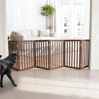 ZJSF Freestanding Indoor Dog Gate for House Foldable Wood Brown Puppy Gate for Doorways Pet Gate for Stairs Extra Wide Pet Fence 24" Height 2 Panels