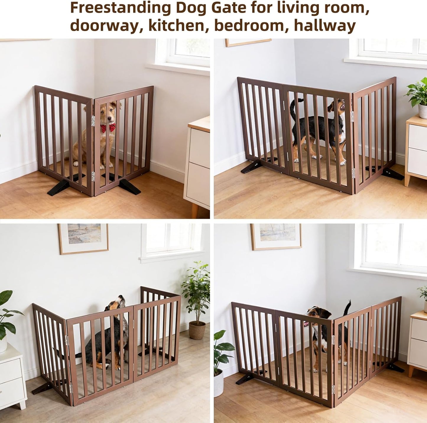 ZJSF Freestanding Indoor Dog Gate for House Foldable Wood Puppy Gate for Doorways Pet Gate for Stairs Extra Wide Pet Fence, Brown, 24" Height 3 Panels