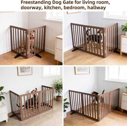 ZJSF Freestanding Indoor Dog Gate for House Foldable Wood Puppy Gate for Doorways Pet Gate for Stairs Extra Wide Pet Fence, Brown, 24" Height 3 Panels