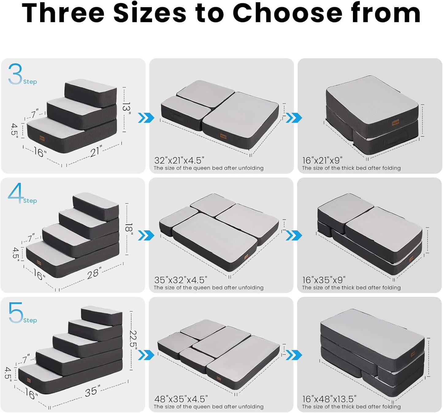 Garnpet 4-Step Adjustable Dog Stairs for Beds, Dog Steps for Small Dogs and Cats, Foldable Pet Stairs for Bed Climbing, Non-Slip Pet Step Indoor, Grey