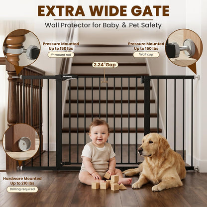 Mumeasy Baby Gate Extra Wide, 29.7-51'' Pressure Mounted Dog Gate with Walk Thru Door, Auto Close Pet Gate for House, Stairs, Doorways,Black