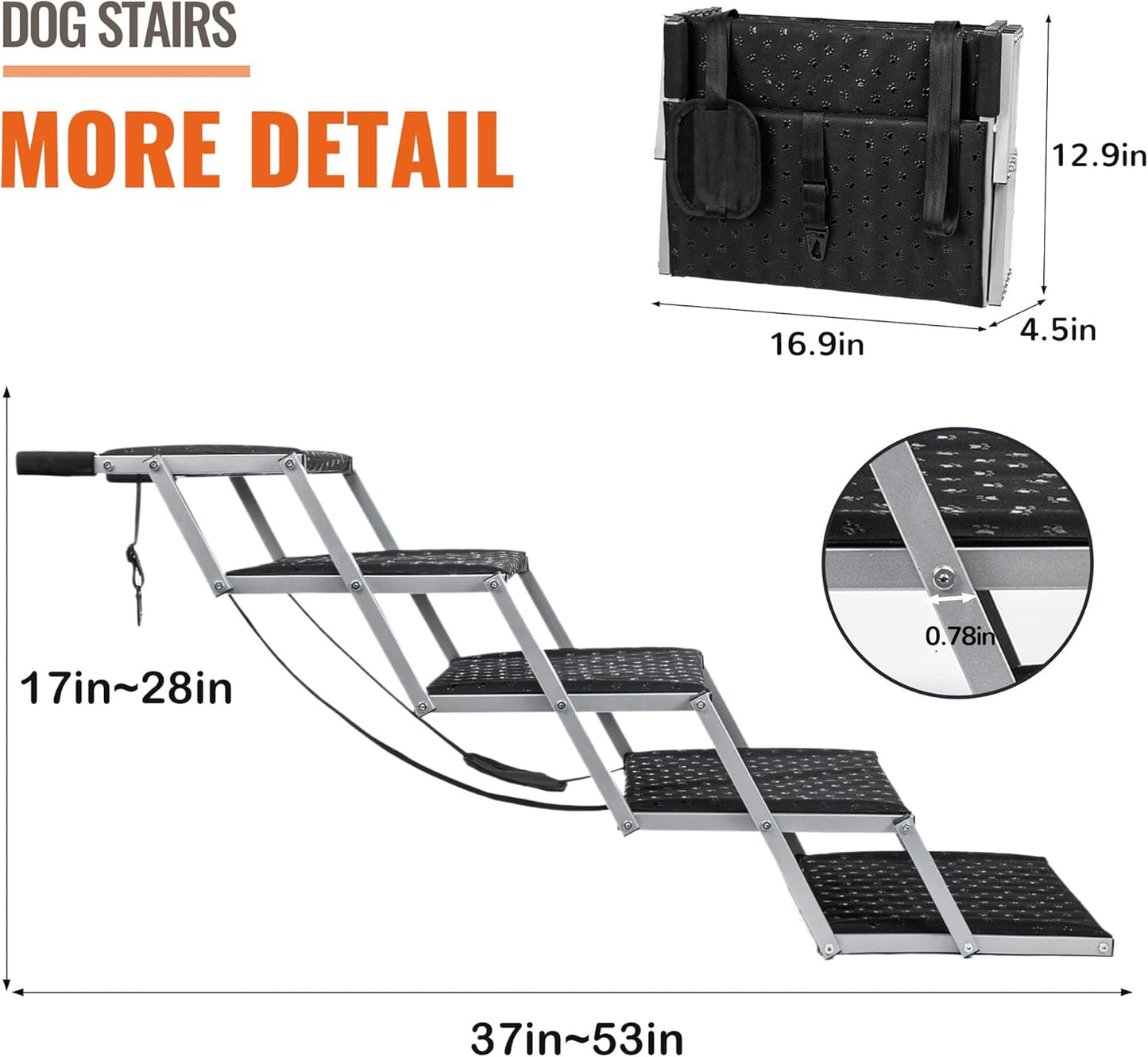 Dog Stairs for Car - Foldable Dog Ramps for Large Dogs with Non Slip Surface, Portable Dog Steps for Cars and SUV, Truck, Support Up to 200 Lbs