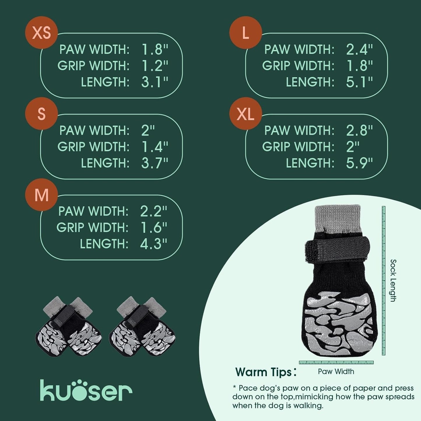 Kuoser Non-Slip Dog Socks, 2 Pairs Socks to Prevent Licking Paws, Paw Protectors for Hot Pavement, Hardwood Floors, Traction Control for Small, Medium, Large Dogs