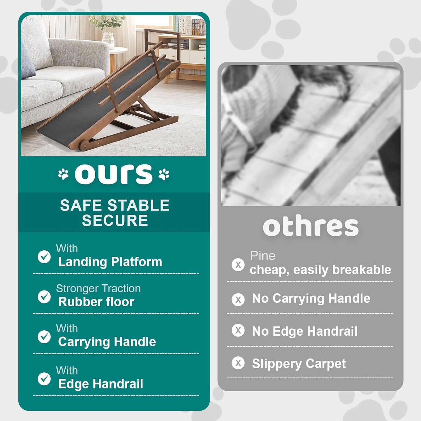 Dog Ramp for Bed, Adjustable Pet Ramps for Dog to Get on Bed, Non-Slip Rubber Surface - Folding Wooden Dog Ramp for Small/Large/Old Dogs, Adjustable up to 27.5 inch High Beds, Safety Railings