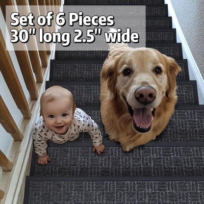 Aucuda 2pcs 8.5" x 30" Stair Treads Outdoor for Elders and Dogs on Wooden Steps, Non Slip Stair Runner Rug Heat Insulation Rubber Backing, Gray Staircase Mat Carpet for Indoor Grip Farmhouse.