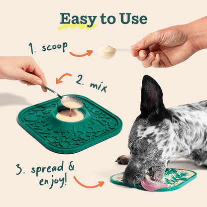 Woof Lick Mat and Calming LickMix Starter Pack Bundle - Dog Enrichment and Spread - Slow Feeder Mat with Non-Slip Design - Delicious, Lower Calorie Mix -Green