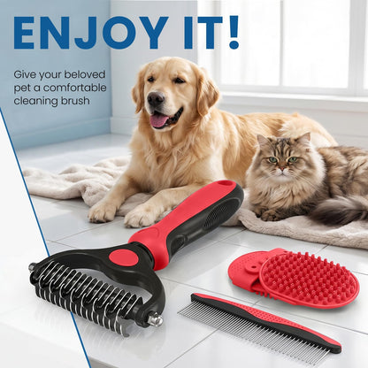 Double-Sided Pet Grooming Rake - 4-in-1 Professional Pet Grooming Kit Deshedding Dematting Tool for Dogs Cats Extra-Wide Grooming Brush & Deshedder Comb for Long & Short Haired Pets (Blue Kit 4PCS)