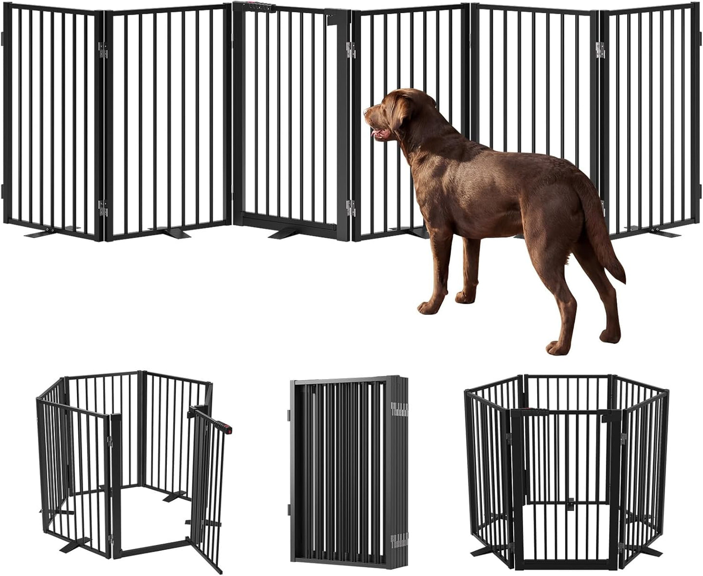 Full Metal Free Standing Dog Gate with Door for Indoor & Outdoor,80'' Extra Wide 32'' Tall Dog Gate for The Doorways,Large Openings,Decks,Porch,Pet Freestanding Safety Fence(4 Panels,Black)
