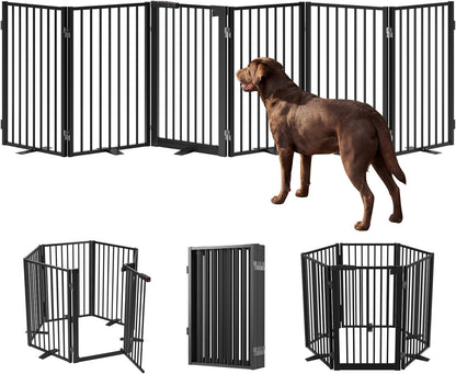 Full Metal Free Standing Dog Gate with Door for Indoor & Outdoor,80'' Extra Wide 32'' Tall Dog Gate for The Doorways,Large Openings,Decks,Porch,Pet Freestanding Safety Fence(4 Panels,Black)