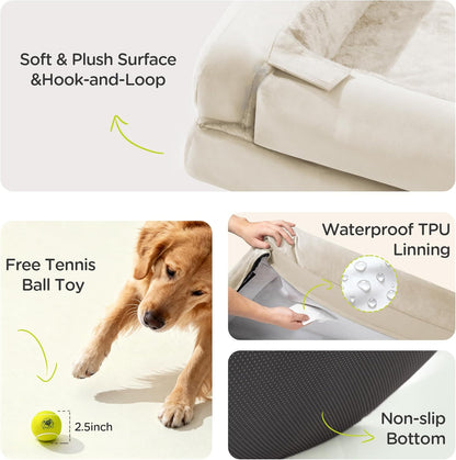 Extra Large Dog Bed, Orthopedic XL Washable Memory Foam Bed for Big Dogs Waterproof Pet Couch Sofa Bolster with Removable Cover, Non-Slip Bottom, Tennis Ball Toy, 42x30