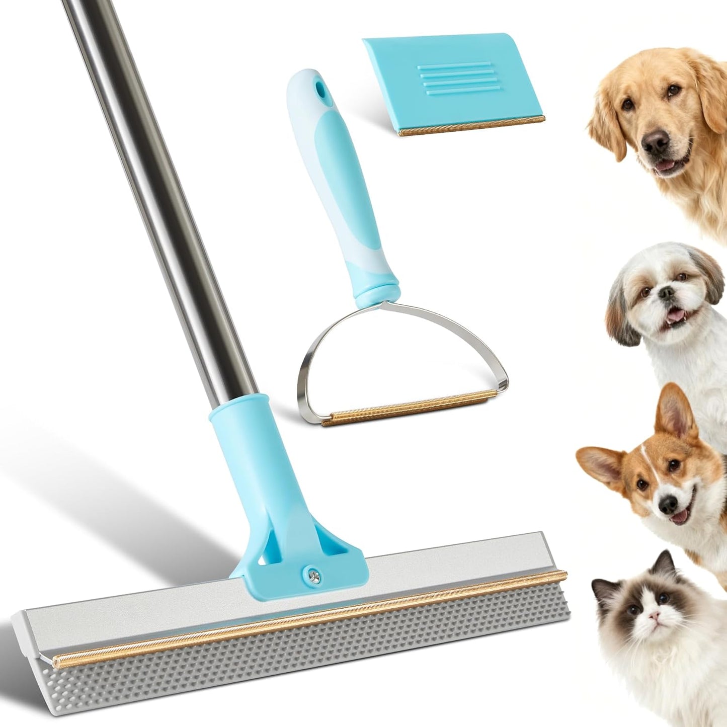 JOYMOOP Carpet Rake for Pet Hair Removal, 63" Adjustable Long Handle Pet Hair Removal Tool, Cat Dog Hair Carpet Rake with Metal and Silicone Scraper for Carpet, Sofa, Cloth