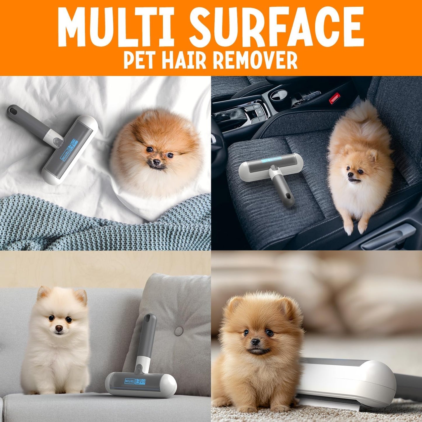 Triton Pet Hair Removal Tool w/Fur Trapping Compartment and Detachable Handle, 60% Smaller Storage Size, Reusable Shedding Roller, Cat and Dog Hair Remover for Car, Furniture, Carpet (Gray/White)