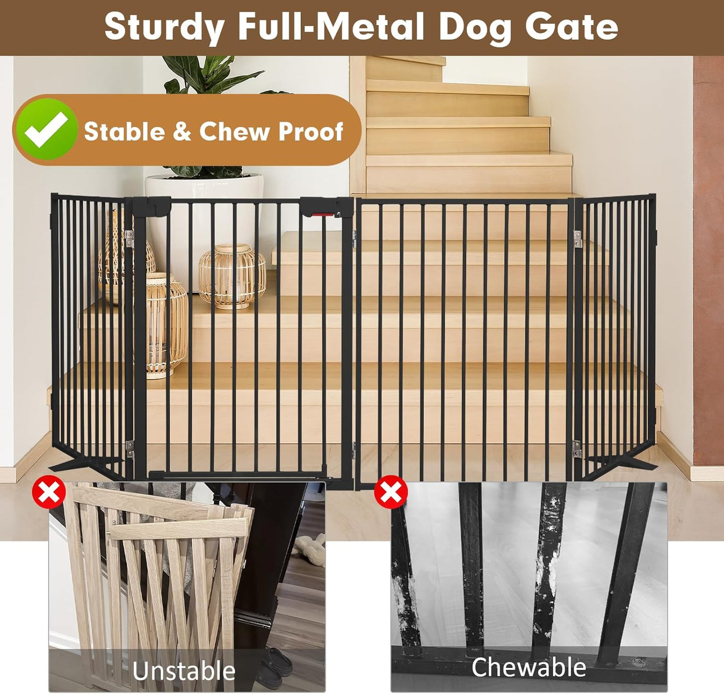 Metal Freestanding Dog Gates,Extra Wide 24", 32" Height Foldable Dog Fence for Indoor & Outdoor, Heavy Duty Freestanding Pet Barrier for Stairs, Doorways, Halls, Kitchen,Yard