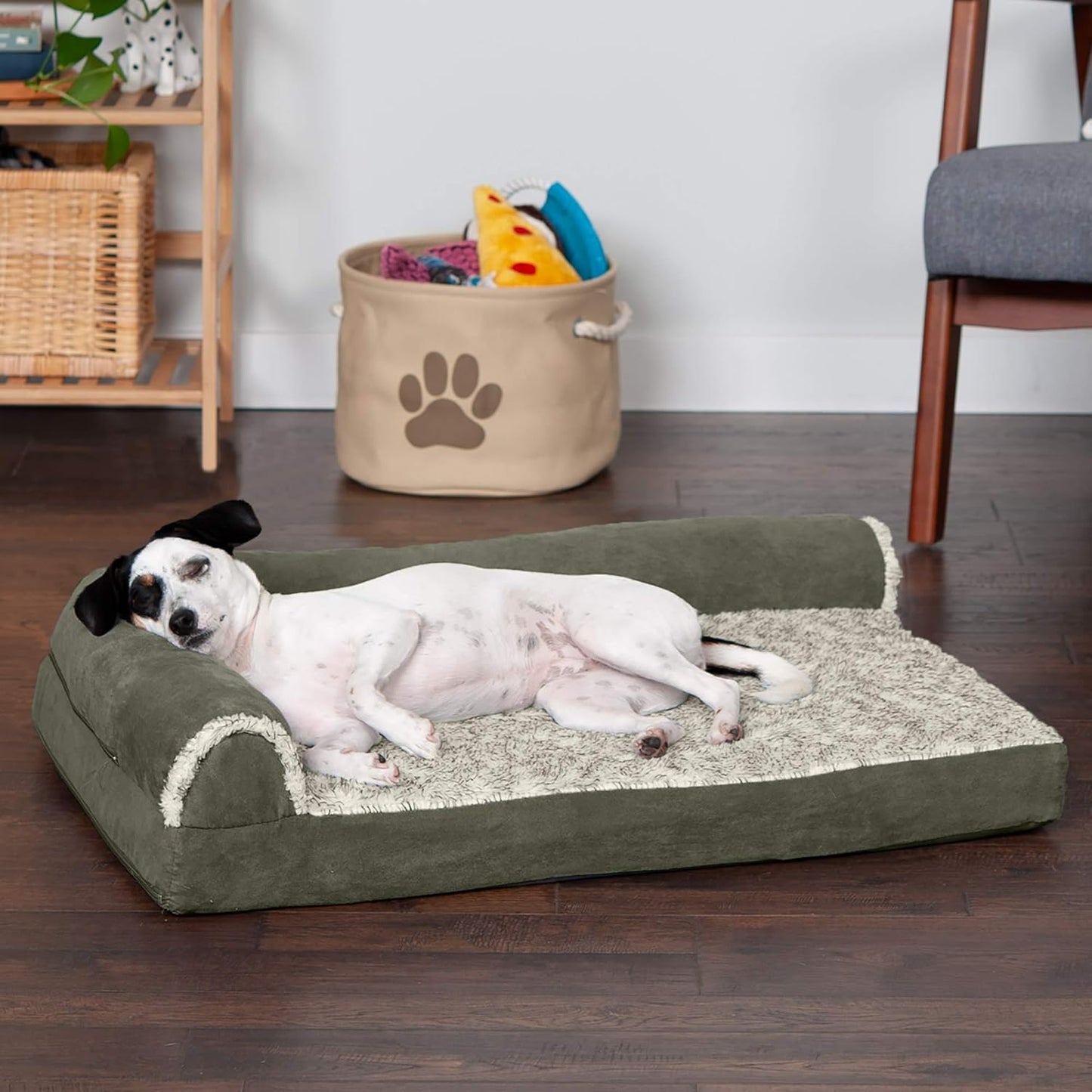 Furhaven Memory Foam Dog Bed for Large Dogs w/ Removable Bolsters & Washable Cover, For Dogs Up to 95 lbs - Two-Tone Plush Faux Fur & Suede L Shaped Chaise - Espresso, Jumbo/XL