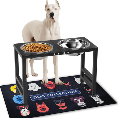 ADENGL Metal Raised Dog Bowl, 10" Tall Elevate Dog Feeder Stand with 2 Stainless Steel 42oz Bowls & 16x24 Non-Slip Mat – Stronger Dogs Food & Water Bowl Stand (Black)
