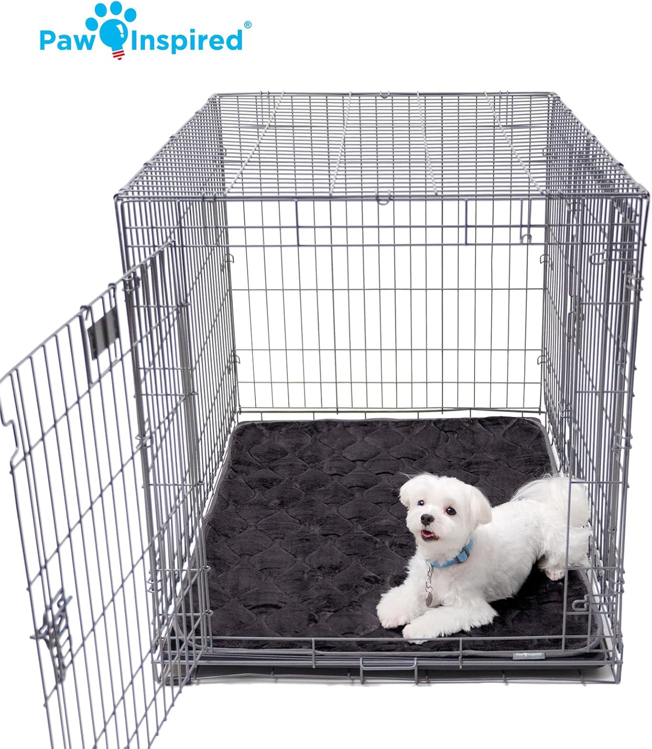 Paw Inspired Washable Padded Crate Mats for Dogs | 29” x 18” Pad, Fits 30-inch Kennels | Leakproof, Waterproof Bottom, Plush Pet Beds (Gray)