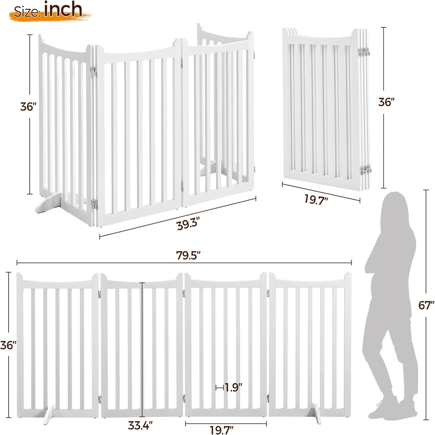 Topeakmart Dog Fence Indoor 36" Tall 4-Panels Wooden Foldable Dog Gate for Pets with 2 Support Feet Freestanding Pet Barrier for Doorways, Porch, Stairs, Kitchen White 79.5" L × 36" H
