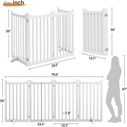 Topeakmart Dog Fence Indoor 36" Tall 4-Panels Wooden Foldable Dog Gate for Pets with 2 Support Feet Freestanding Pet Barrier for Doorways, Porch, Stairs, Kitchen White 79.5" L × 36" H
