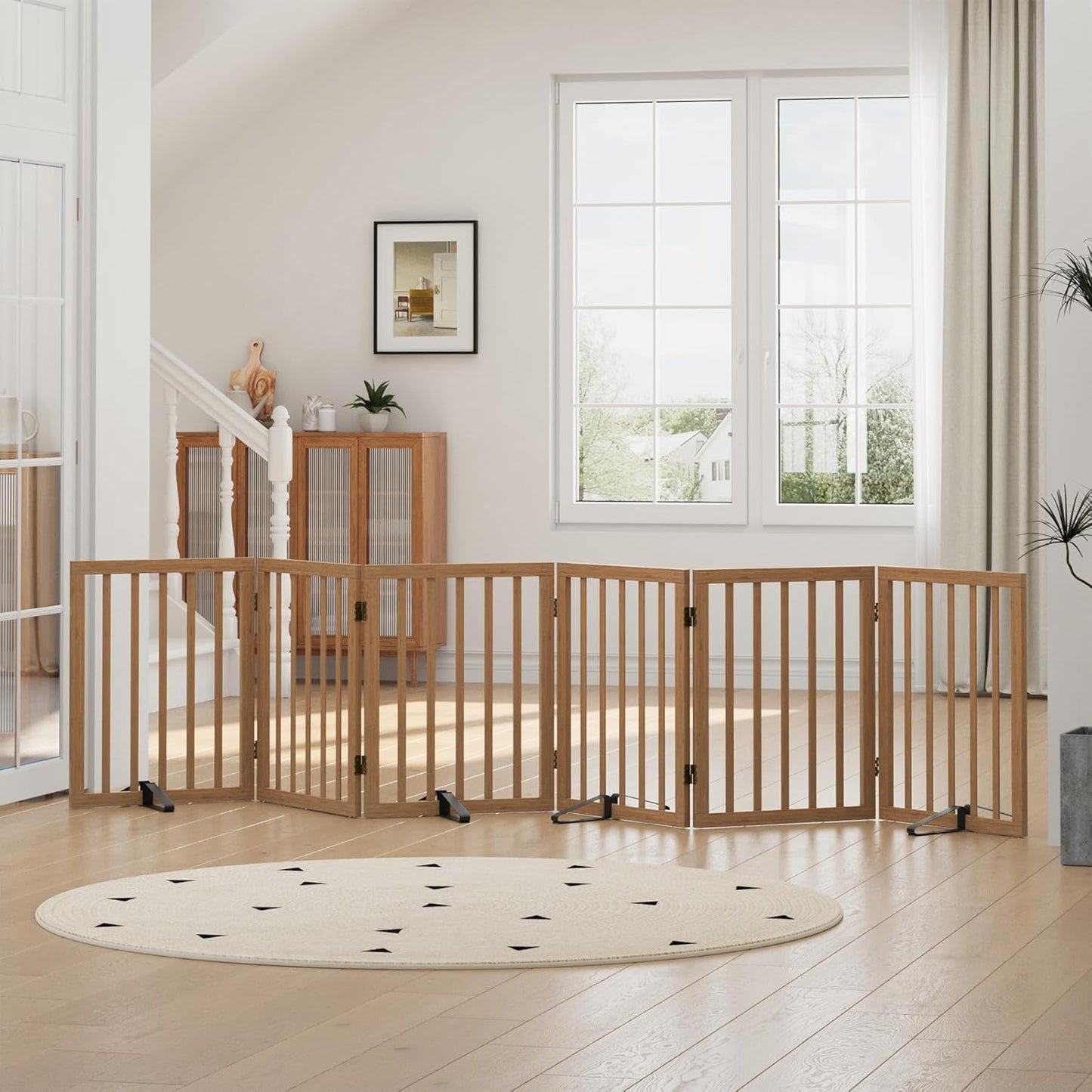 Freestanding Foldable Dog Gate - 4 Panel Room Divider with Metal Support Feet (Black)
